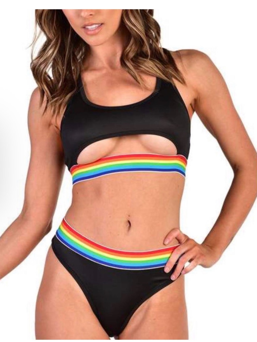 Black Rainbow-Trim Cutout Bikini Set - Women Swim